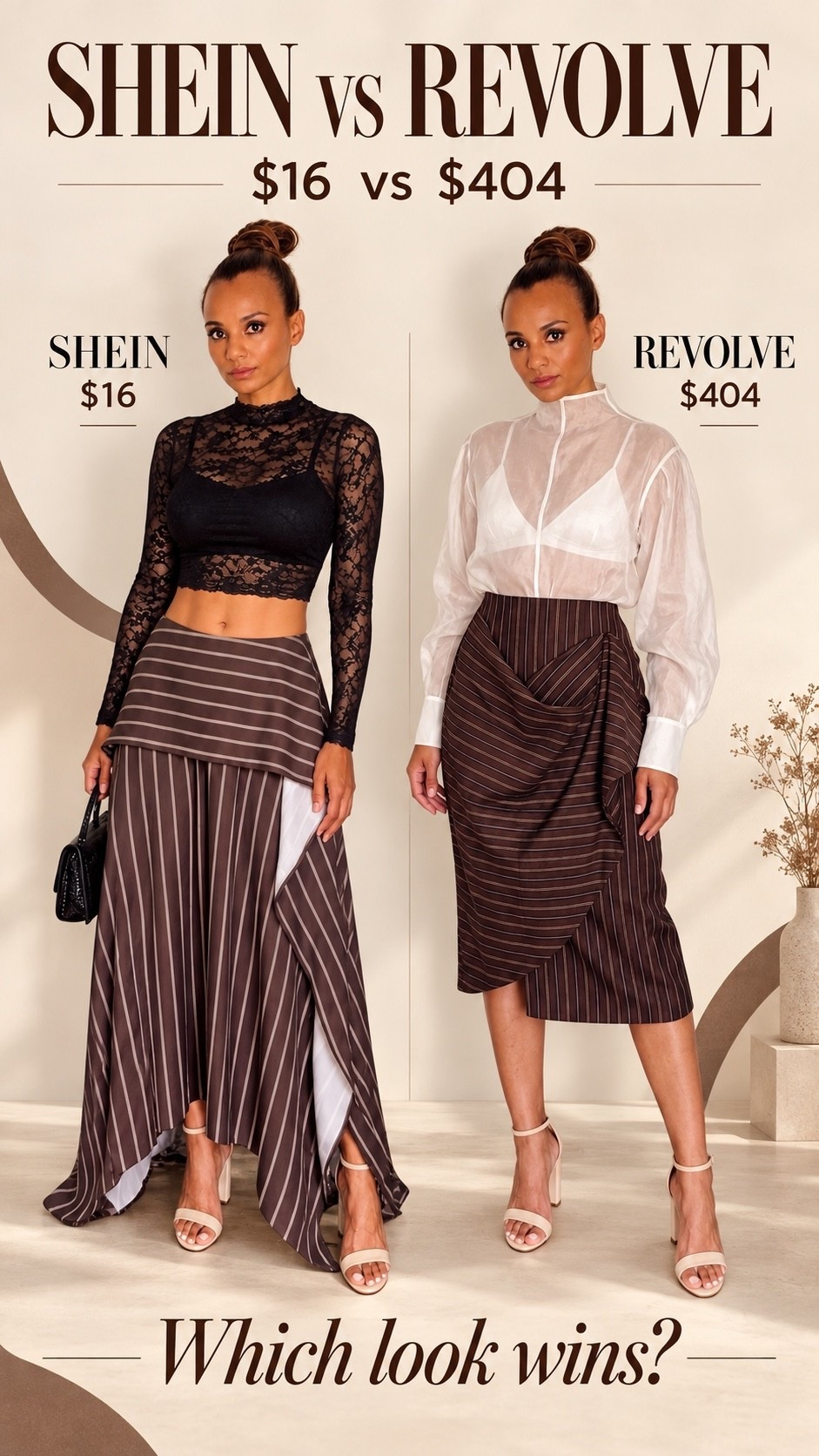 SHEIN vs. Revolve 🤎 Two brown pinstripe skirts with a major price difference—$16 vs. $404! I styled the affordable SHEIN version two ways for a chic designer-inspired look. Which outfit is your favorite?

#SHEINFinds #RevolveStyle #DesignerInspired #AffordableFashion #HighLowFashion #FallOutfit #SkirtStyle #LTKStyleTip #MekStyle