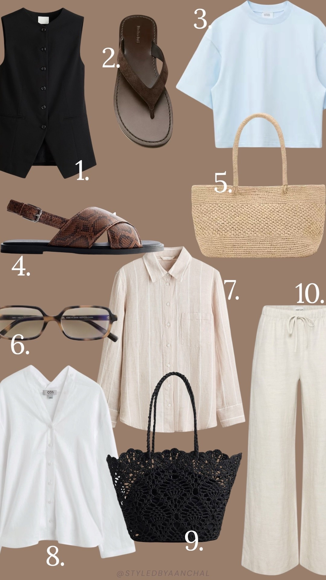 Top 10 finds 


Hm
Cos
Mango
Light blue tee
Black crochet bag
ASOS 
Striped beige shirt 
Black long vest

#LTKgrwm #LTKSaleAlert #LTKootd