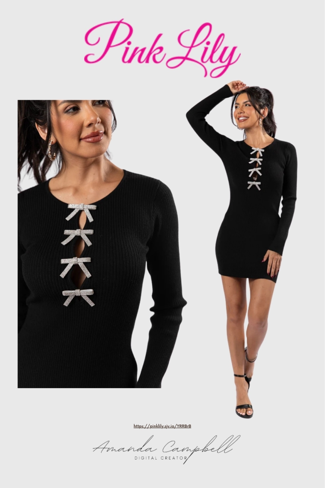 Obsessed with this glam black sweater dress featuring rhinestone bow details! Perfect for your next holiday party, date night, or winter gathering. The fitted silhouette and statement embellishments make it an effortless showstopper.

Pair it with strappy heels and bold earrings for a chic and festive vibe. Shop this stunner now via my Pink Lily link! 🖤 #HolidayGlam #PinkLilyStyle #FestiveFashion #BowDetails #ChicAndSparkly