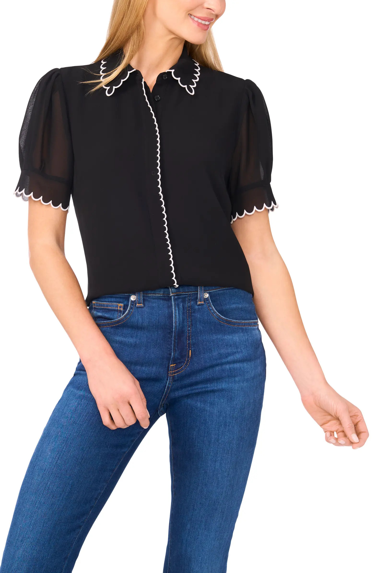 Scallop Trim Puff Sleeve Button-Up Shirt | Nordstrom