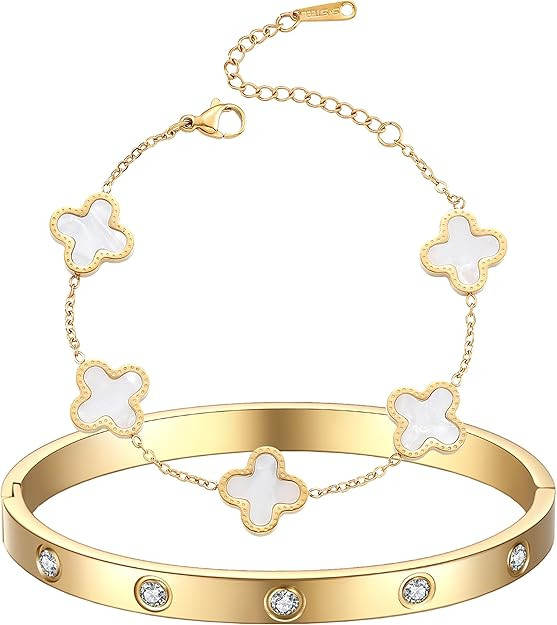18K Gold Plated Clover Bracelet Gold Love bangle Set for Women Stackable Cute Fashion Simple Frie... | Amazon (US)