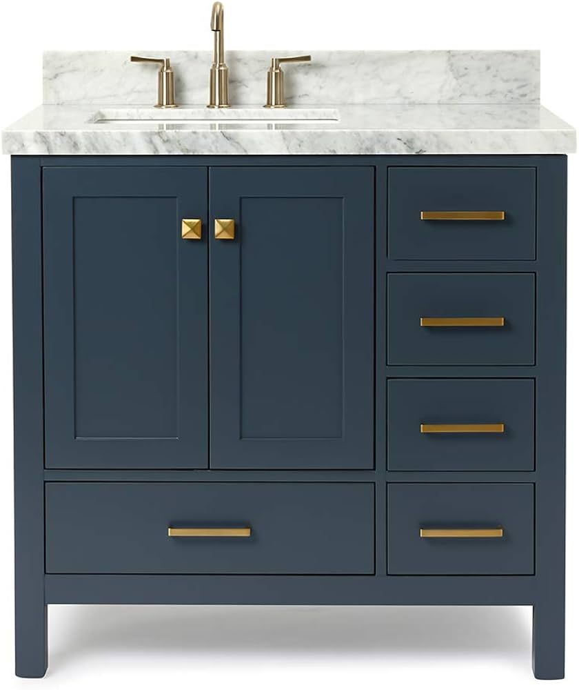 ARIEL 37" Midnight Blue Bathroom Vanity with 1.5" Edge Italian Carrara Marble Countertop & Splash... | Amazon (US)