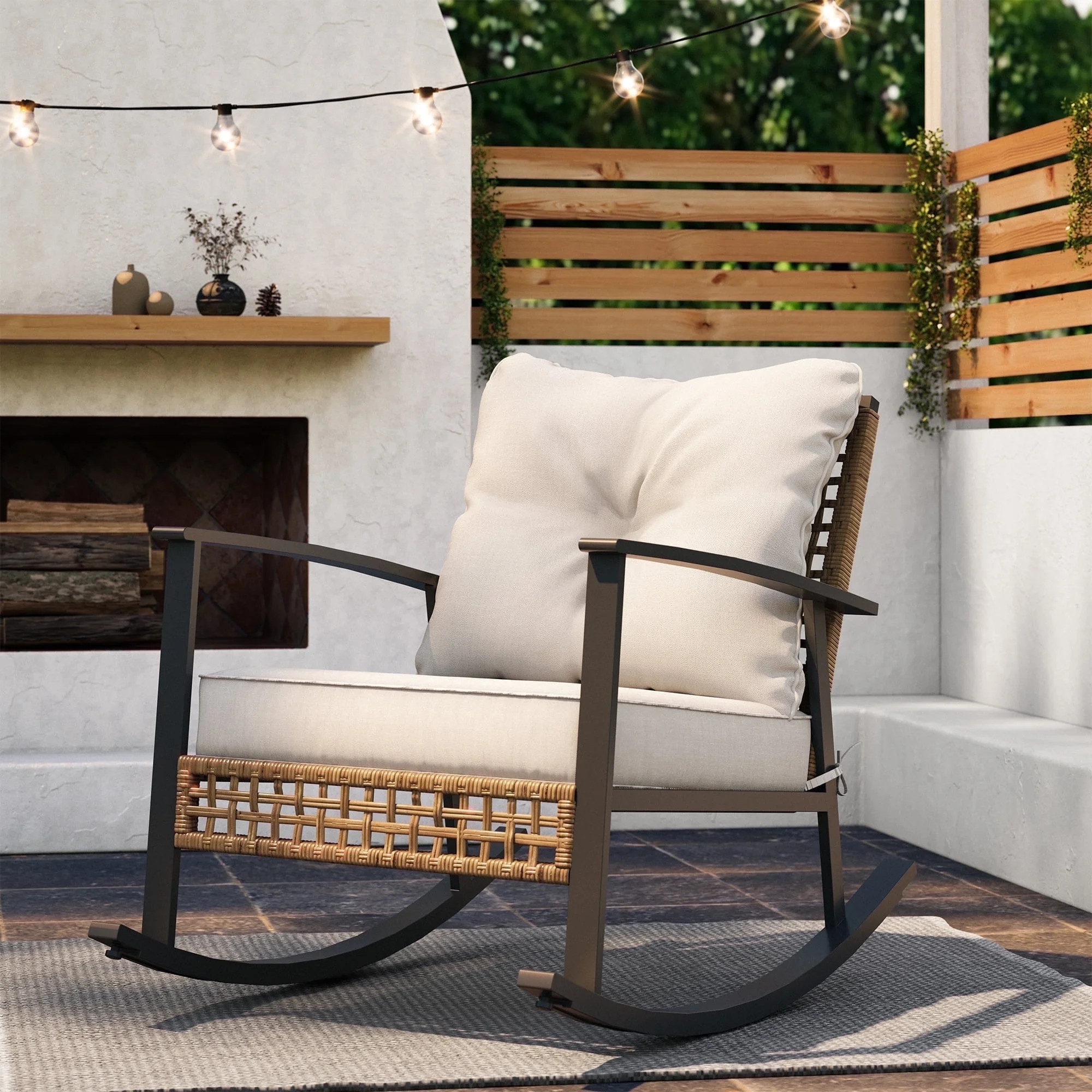 LAUSAINT HOME Outdoor Rocking Chair, Patio PE Rattan Chair with Beige Cushions | Walmart (US)