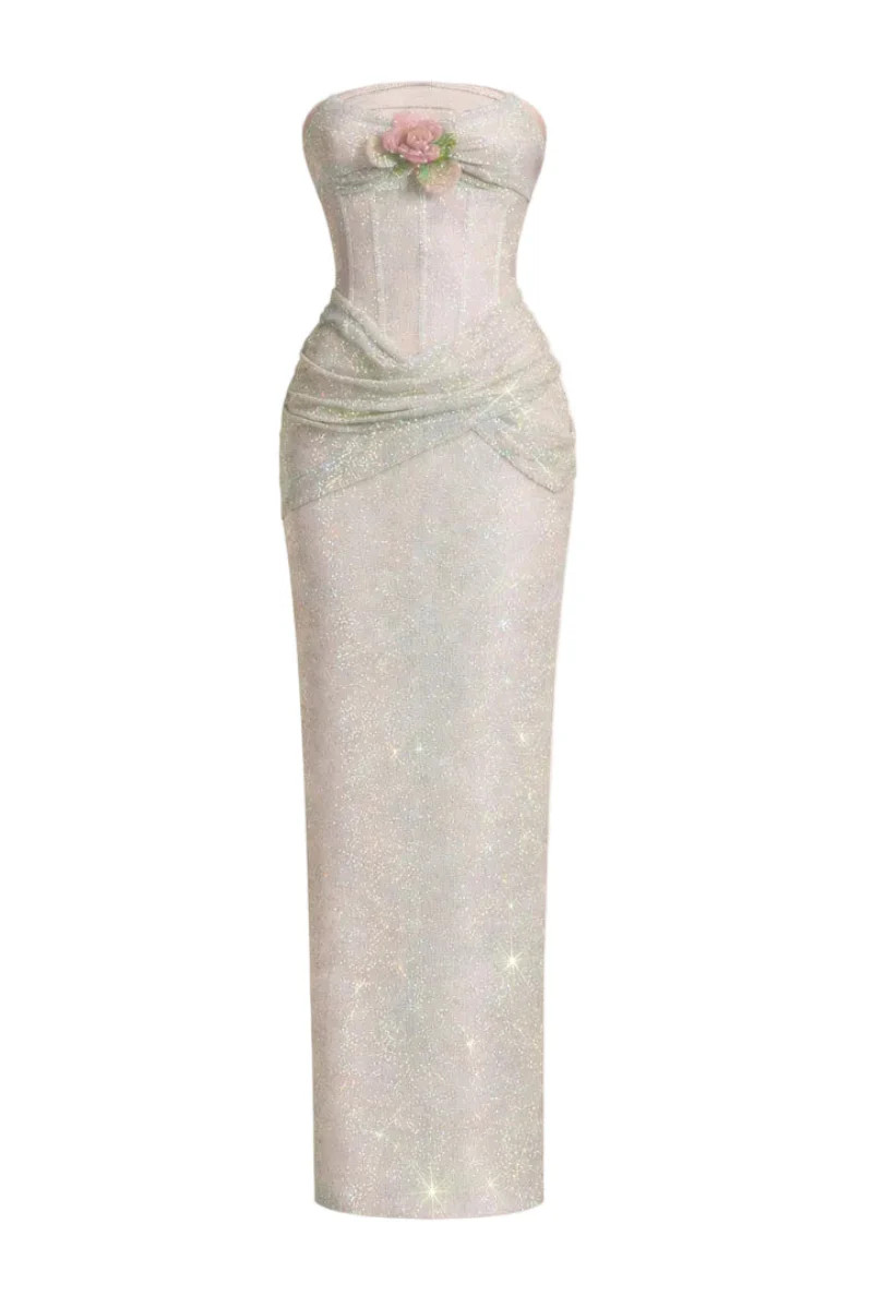 ELISE DRAPED CORSET SEQUIN DRESS IN SOFT IVORY | HACCHIC COUTURE | CULT MIA | CULT MIA UK LTD