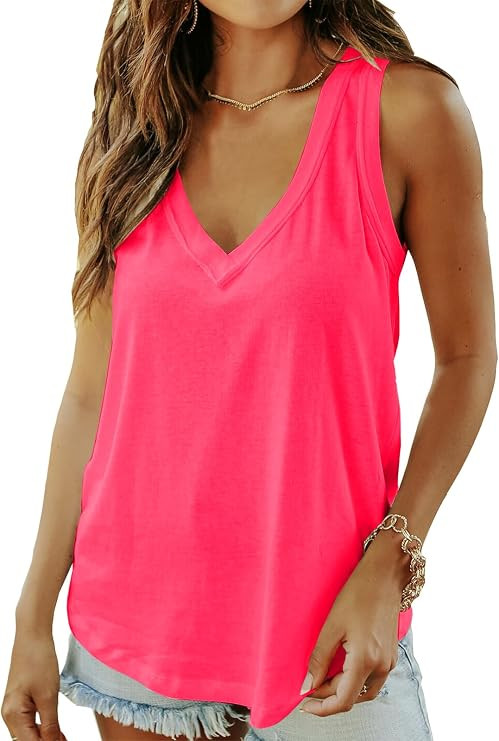 Smile Fish Women Summer Deep V Neck Tank Top Loose Fit Flowy Sleeveless Shirt | Amazon (US)