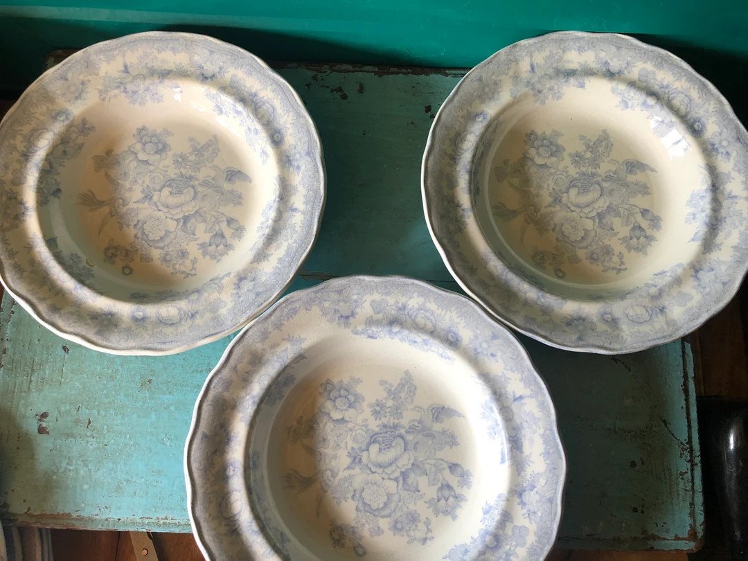 Three matching blue and white Asiatic Pheasant transfer ware soup plates Hollinshead & Kirkham 18... | Etsy (US)