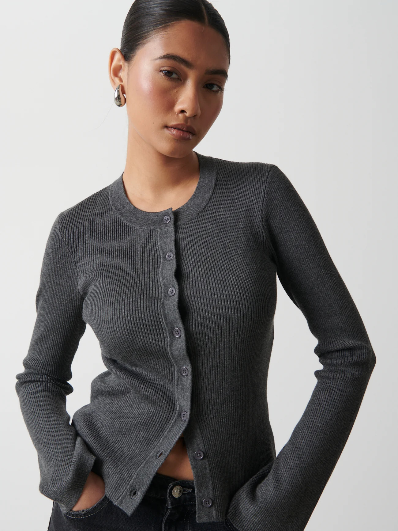 Lacey Button Down Top - Charcoal Grey | Pretty Lavish (UK)