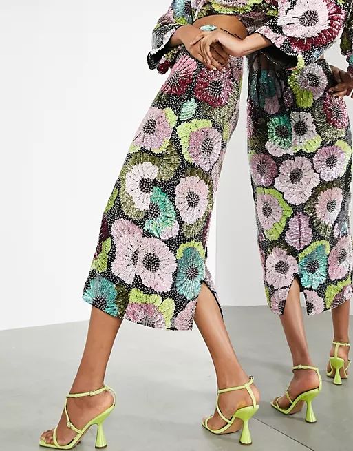 ASOS EDITION midi skirt in large floral bead and sequin co-ord | ASOS (Global)