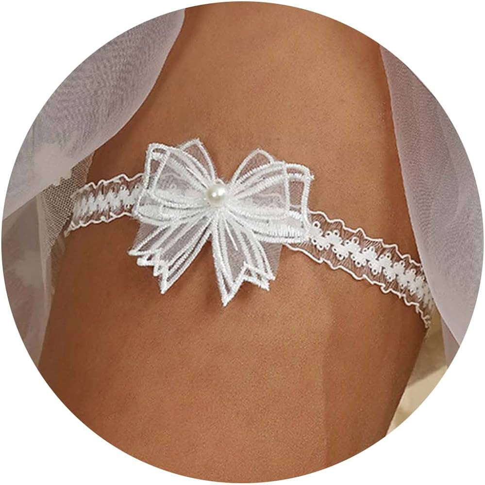 Wedding Garters for Bride White Lace Bow Garter Belt Vintage Pearl Butterfly Lace Thigh Leg Ring ... | Amazon (US)