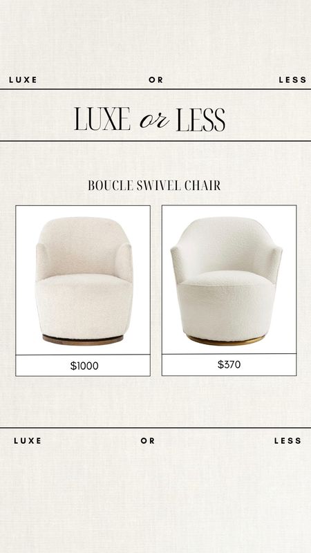 Luxe or Less - Boucle Swivel Chair!

Both gorgeous options on either budget!

Boucle chair, luxe or less, Boucle furniture, bucket chair, deals, luxury home, luxury furniture, budget friendly furniture, cream chair, accent chair, swivel chair, living room furniture, Amazon finds 

#LTKhome