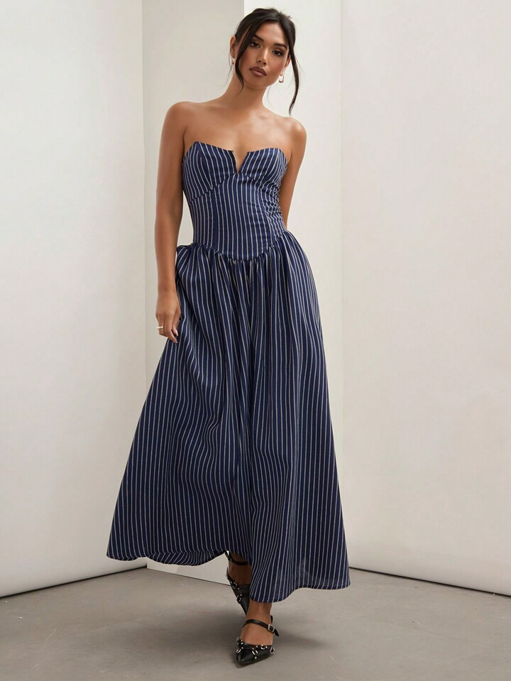 COSMINA Striped Tube Top Long Dress, Women's Long Dress, Summer,Women's Elegant Striped Bandeau Dress, Summer | SHEIN