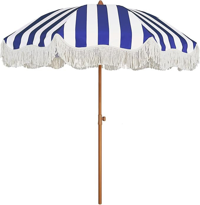 AMMSUN Boho Fringe Umbrella Outdoor Patio, 6.5ft UPF50+ Picnic Umbrella with Tassels with Steel P... | Amazon (US)