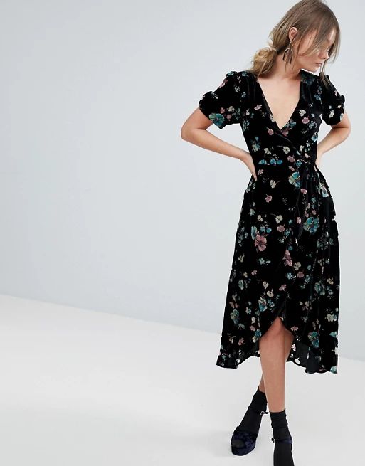 Oasis Floral Print Velvet Midi Wrap Dress | ASOS UK