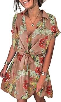 Sidefeel Womens V Neck Button Down Polka Dot Printed Short Sleeve Mini Dresses | Amazon (US)