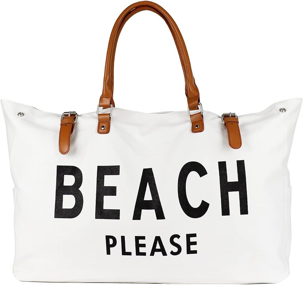 Beach Bag with Vegan Leather Handle, Extra Large Beach Bag for Women Waterproof Sandproof, White | Amazon (US)