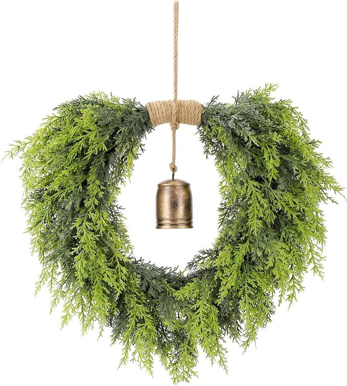 Real Touch Artificial Cedar Wreath 20" with Bell Fake Christmas Wreaths for Front Door Faux Pine ... | Amazon (US)