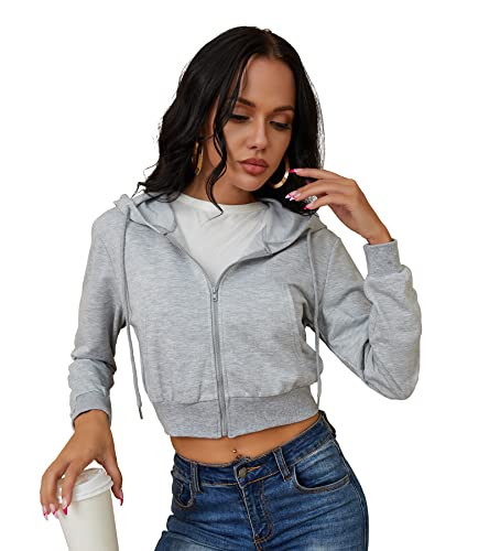 Women's Cropped Zip Up Hoodie Sweatshirt Long Sleeve Zipper Basic Workout Crop Jacket Zipper Hoodie Grey | Amazon (US)