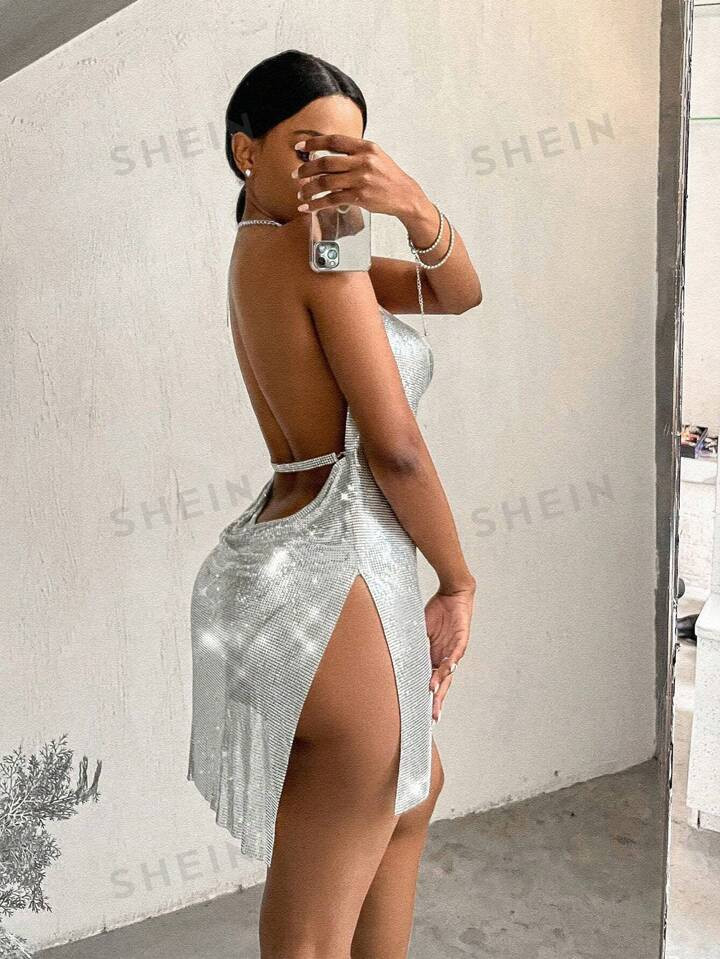 SHEIN Slayr Halter Deep V-neck Side Slit Sexy Fashionable Dress | SHEIN