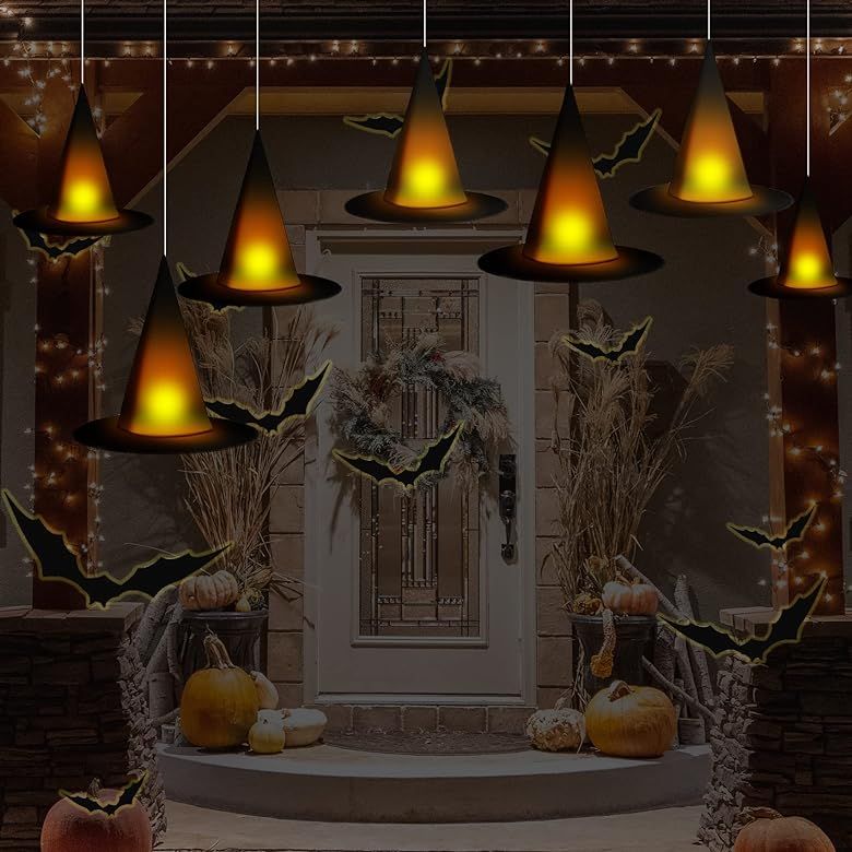 Halloween Black Witch Hats DIY Floating Light up Witch Hats with Tea Lights 3D Bats Wall Decorations | Amazon (US)