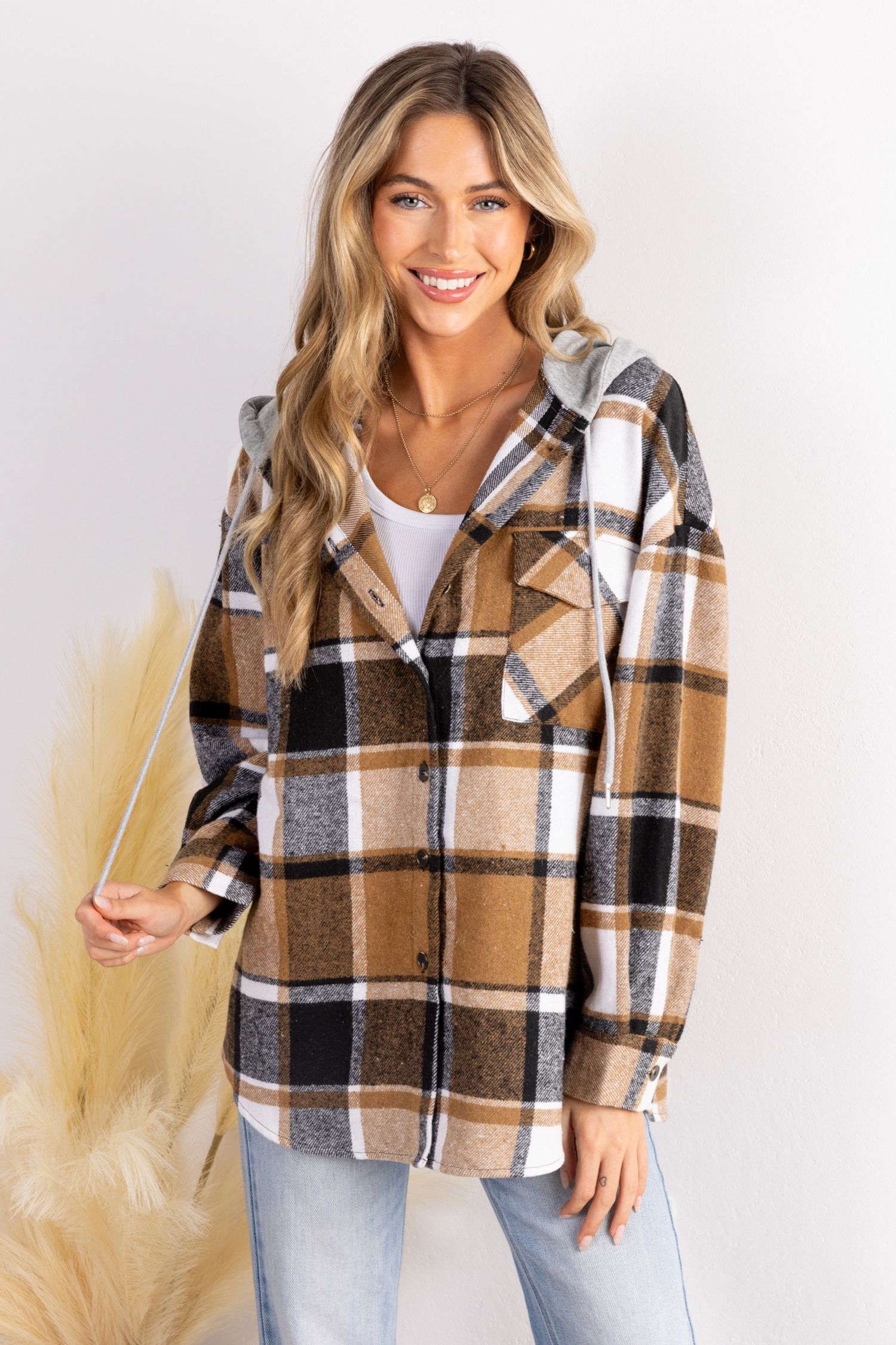 NewPlaid Drawstring Hood Button Up Jacket | Cupshe US