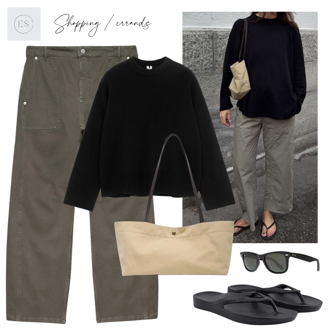 Casual Autumn jeans outfit. 

Oversized black cashmere jumper, khaki barrel leg jeans, black rubber arch support flip flops, beige canvas tote bag with black leather straps, black wayfarer sunglasses.

#LTKuk #LTKautumn #LTKjeans