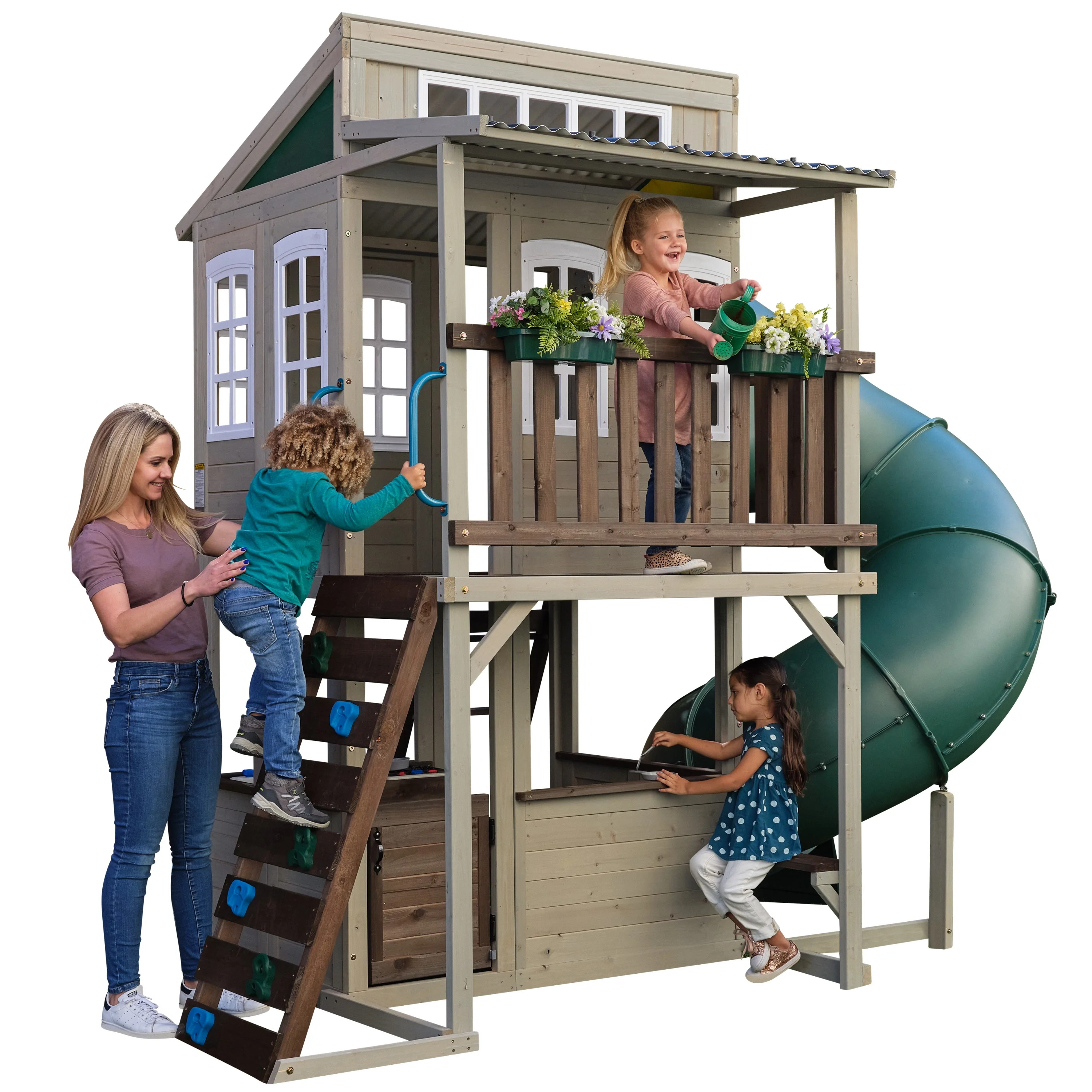 KidKraft Cozy Escape Wooden Outdoor Two-Story Playhouse with Slide, Kitchen, Rock Wall and Bench ... | Walmart (US)