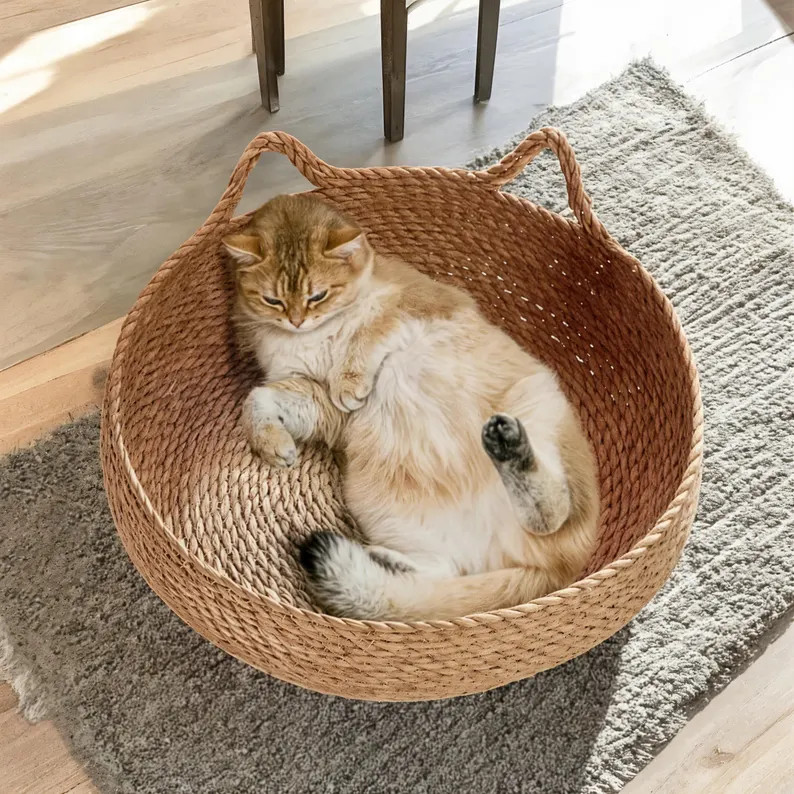 Woven Cat Bed With Cushion, Natural Typha Pet Basket, Round Cat Nest, Handcrafted Cat Lounger, Bo... | Etsy (US)