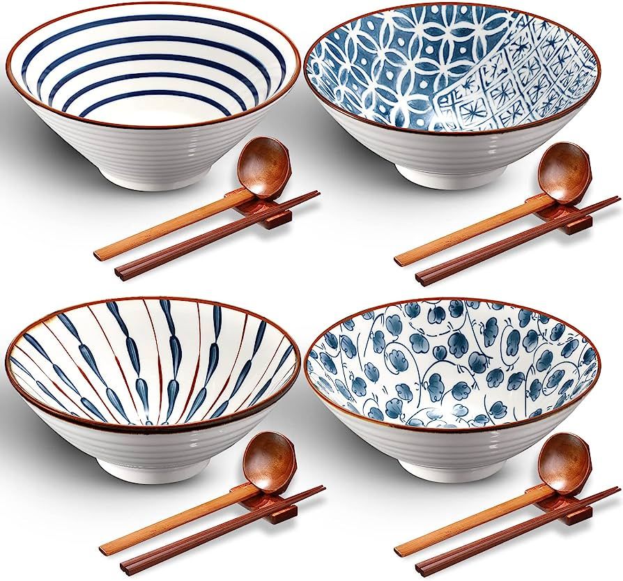 Ceramic Ramen Bowl Set of 4 40 Ounce Japanese Large Ramen Bowls with Chopsticks and Spoons and Ra... | Amazon (US)