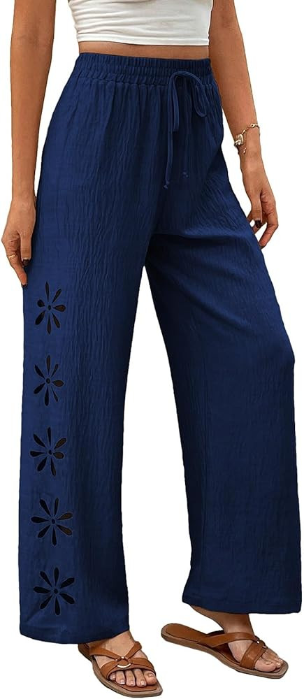 EVALESS Womens Beach Pants Summer Boho Drawstring Elastic Waist Hollow Out Textured Wide Leg Vaca... | Amazon (US)