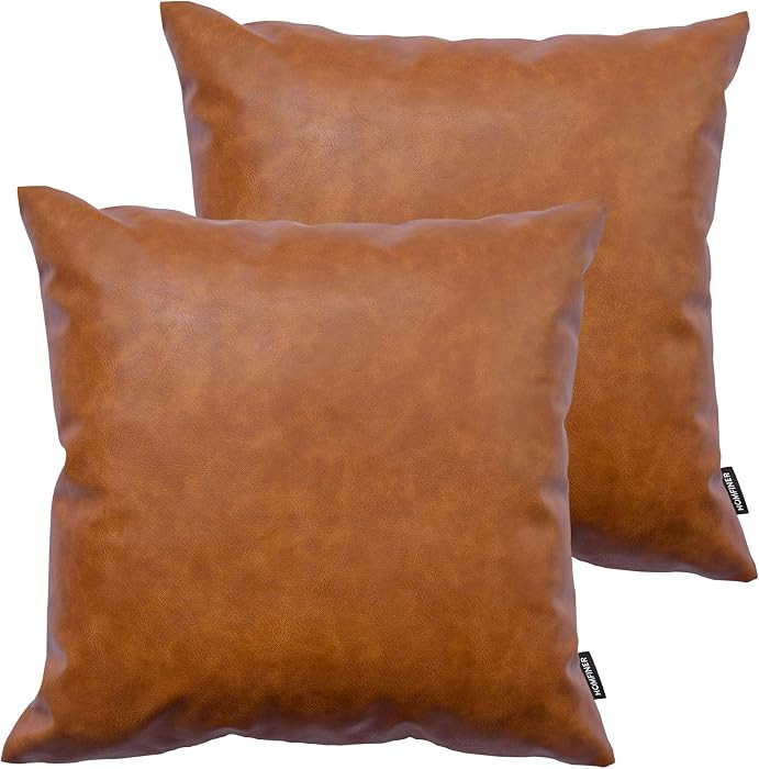 Faux Leather Throw Pillow Covers, 18 x 18 inch Set of 2 Thick Cognac Brown Modern Solid Decorativ... | Amazon (US)