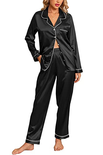 Anjue Black Satin Pajamas for Women Silk Sleep Set Button Up Long Sleeve Nightwear Plus Size Satin Pj Longs Set(Black,S) | Amazon (US)