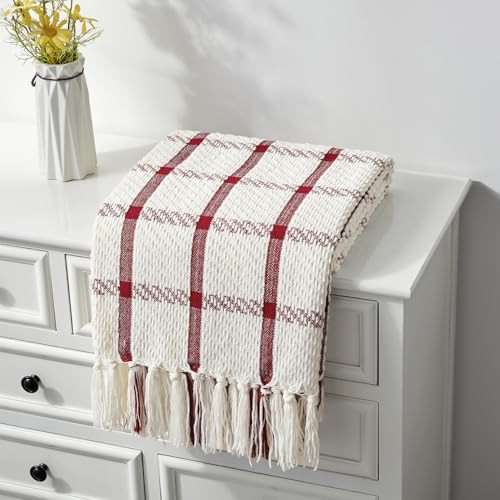 CREVENT 50"X60" Farmhouse Breathable Soft and Warm Chenille Plaid Throw Blanket for Sofa Couch Bed, Home Decoration Throw with Tassles (Red & White) | Amazon (US)