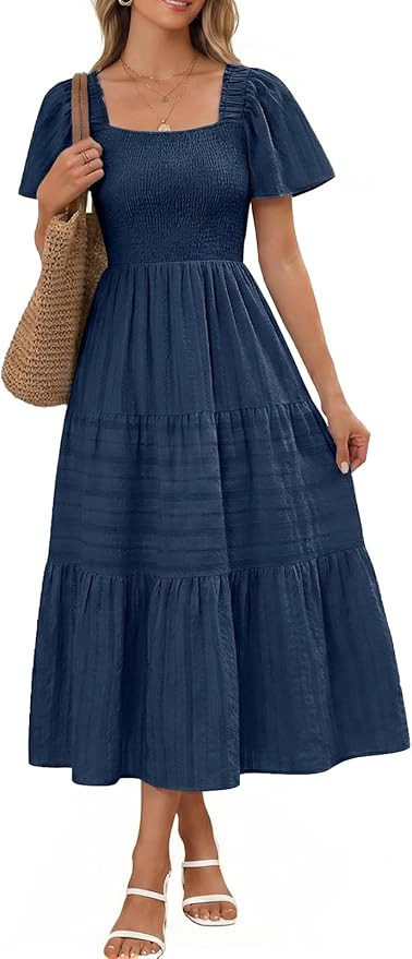 Bbonlinedress Women's Summer Midi Casual Dress 2026 Flowy Short Sleeve Square Neck Smocked Ruffle... | Amazon (US)