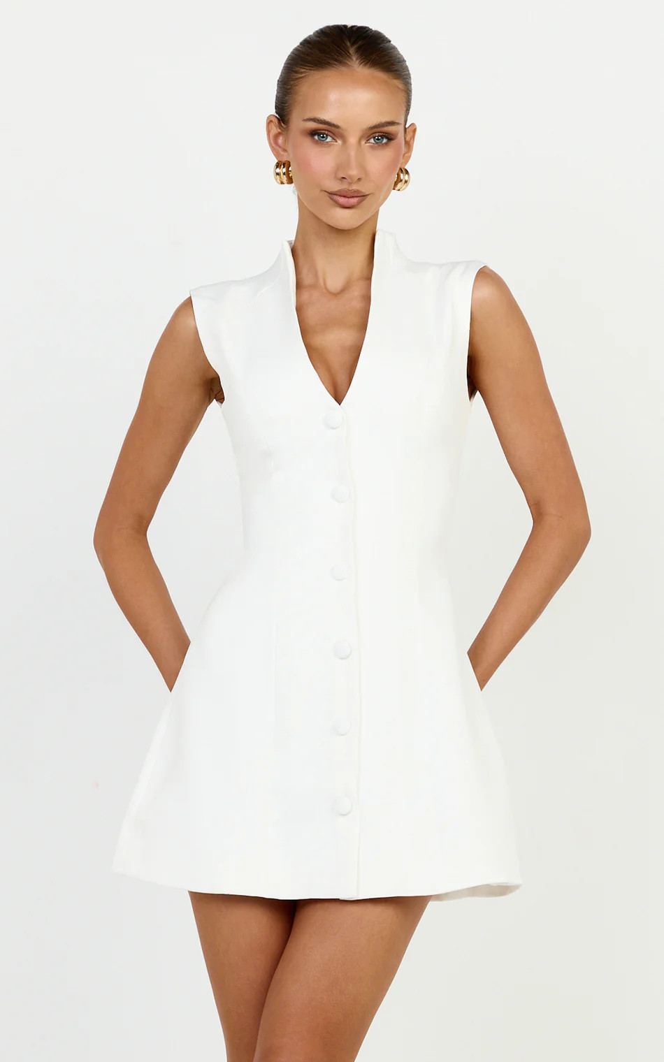 Jacinta Mini Dress - Sleeveless Button Front Tulip Dress in Off White | Showpo (US, UK & Europe)