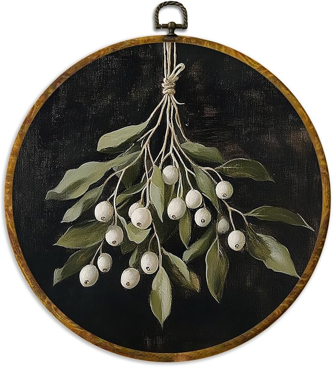 XPH Vintage Moody Christmas Round Wall Art Framed, Dark Academia Mistletoe Circle Wall Decor, Win... | Amazon (US)