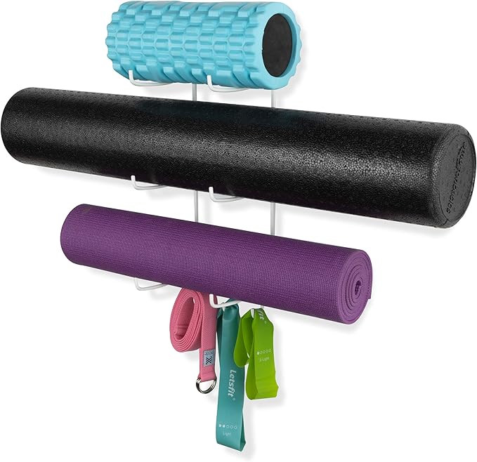 Wallniture Guru Wall Mount Yoga Mat Foam Roller and Towel Rack with 3 Hooks for Hanging Yoga Stra... | Amazon (US)
