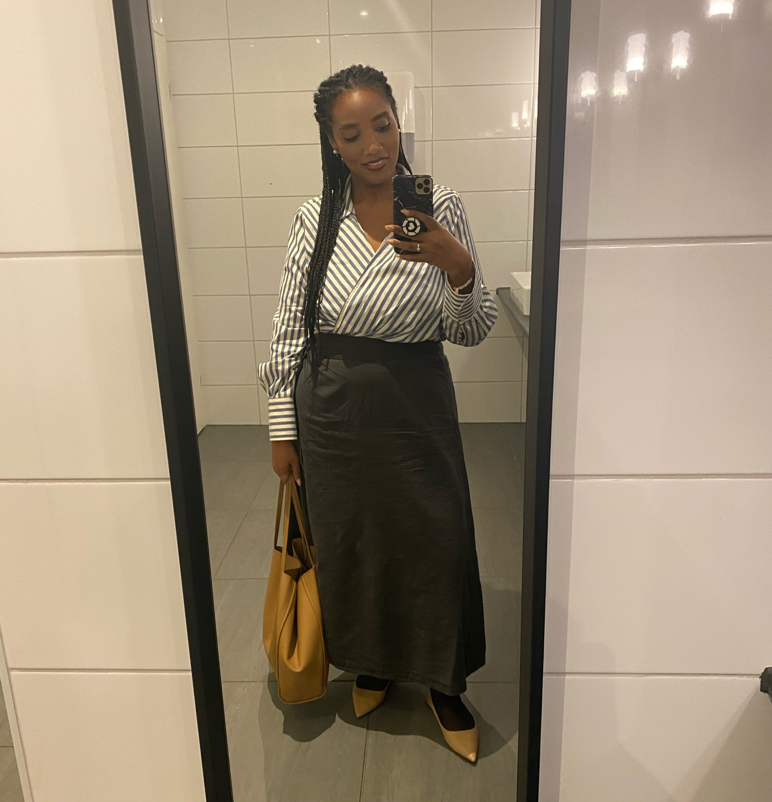 Denim wrap skirt with stripe blouse 

#LTKitbag #LTKeurope #LTKshoecrush