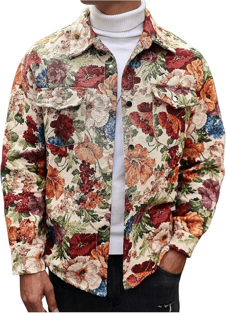 Men's 2025 Vintage Floral Jackets Going Out Shacket Jacquard Collared Neck Button Down Jackets Fa... | Amazon (US)