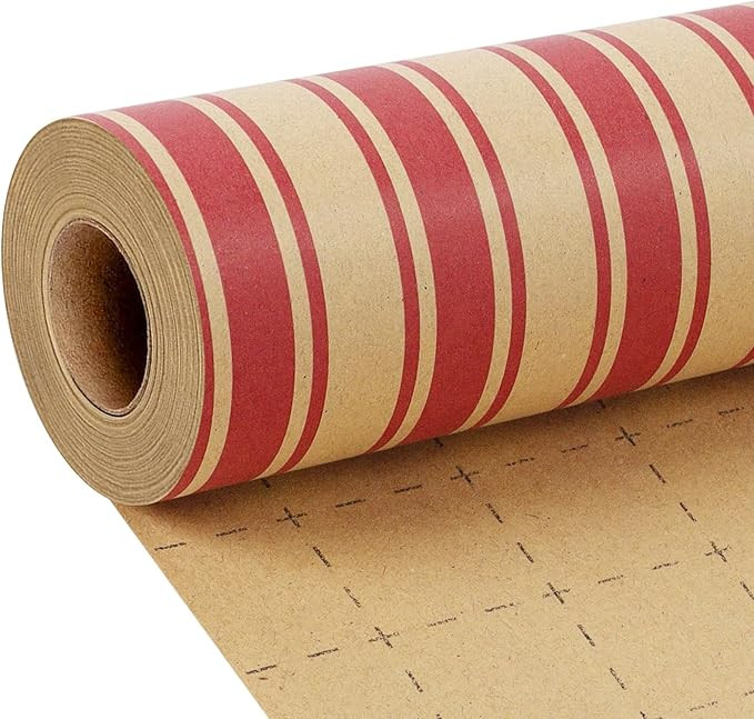 LaRibbons Vintage Kraft Christmas Wrapping Paper, Classic Red Candy Cane Stripe Design, Rustic Gi... | Amazon (US)