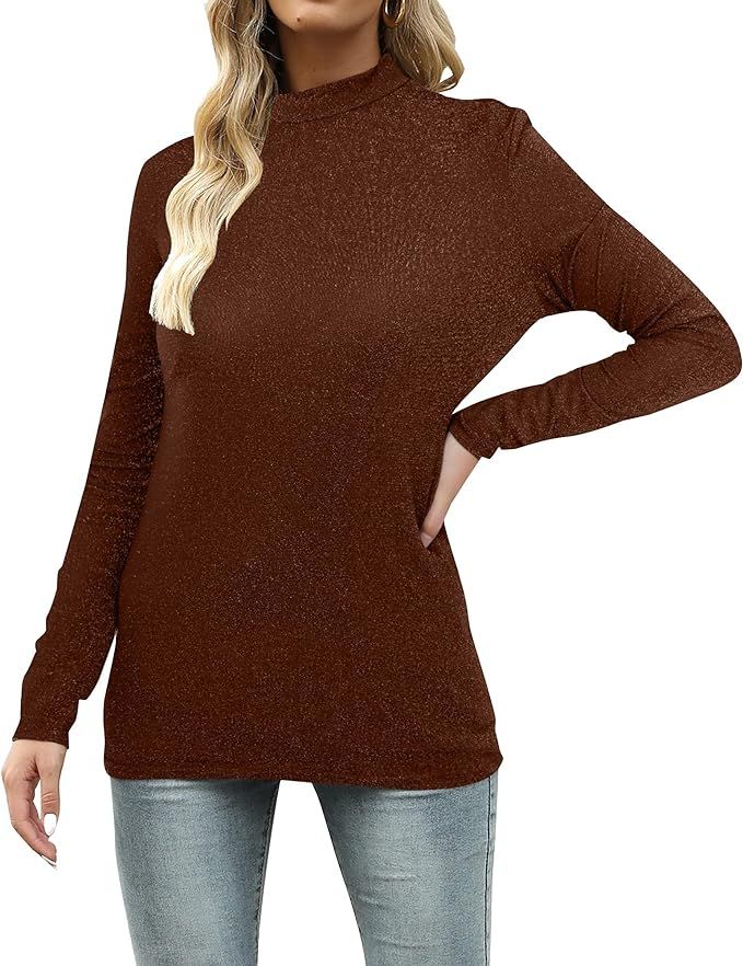 ASTANFY Women's Long Sleeve Mock Neck Shirt Slim Fit Bottoming Casual Tops | Amazon (US)
