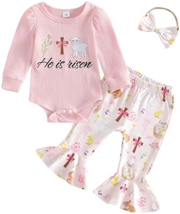 Twopumpkin My First Easter Baby Girl Outfit Newborn Infant Bunny Onesie And Bell Bottoms Ribbed O... | Amazon (US)