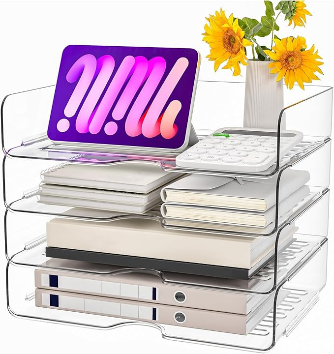 Paper Organizer Letter Tray, 4 Pack Acrylic Stackable Desk File Organizer,Clear Office Organizer ... | Amazon (US)