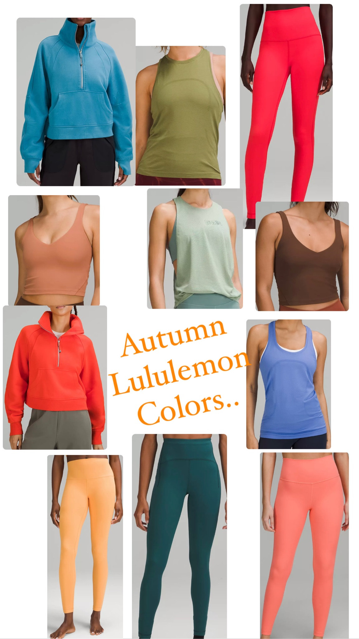 #HOCautumn colors at #Lululemon now! 

Love red
Hot heat
Raspberry cream
Mango dream
Sunny coral
Wild indigo
Dusty clay
Oceanic
Bronze green
Solar orange 
Java
Jasper green
Creamy mint 

#LTKfit #LTKunder100