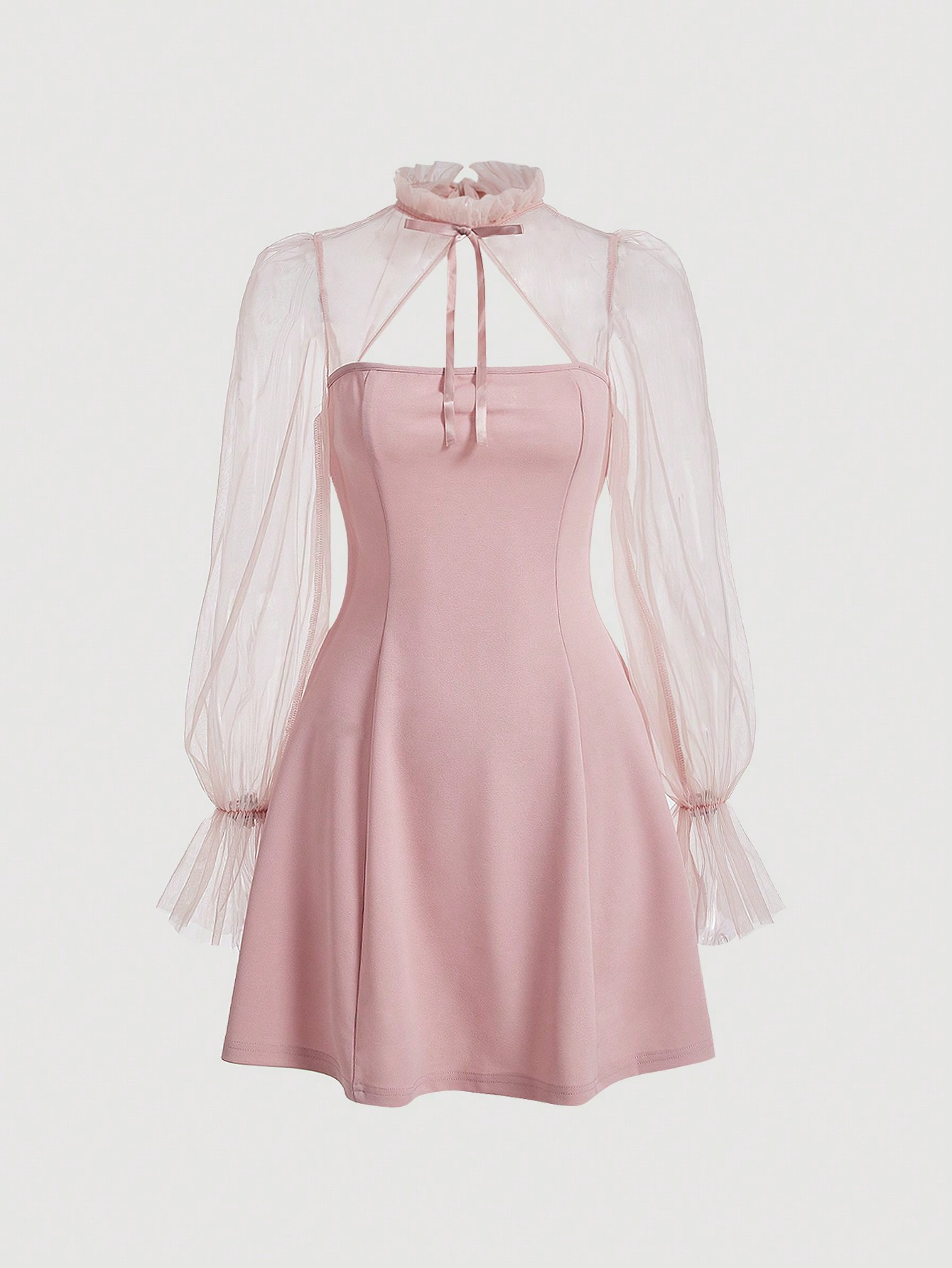 SHEIN MOD Contrast Mesh Flare Sleeve Frill Trim Tie Front Pink Stand-Up Collar With Straps And Se... | SHEIN