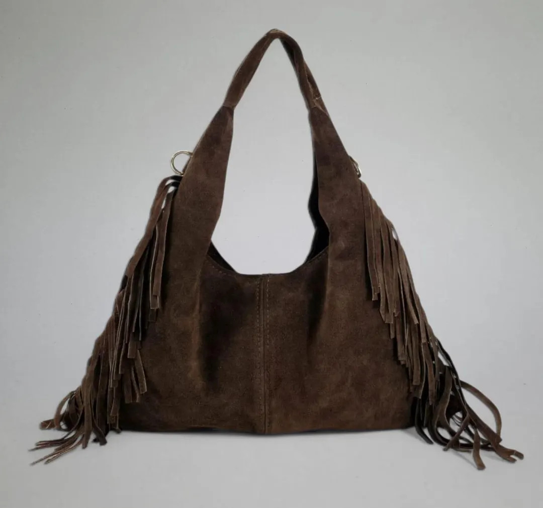 Real Suede Fringe Chocolate Brown Shoulder Bag Tote Bag  Handmade Leather Boho Purse | Etsy (US)