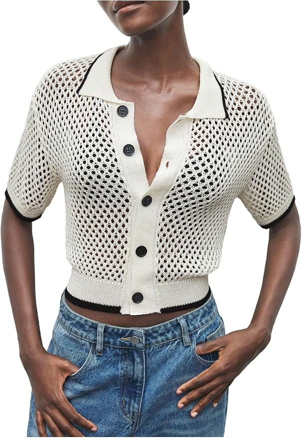 MakeMeChic Women's Crochet Button Down Sweater Cardigan Short Sleeve Knit Lightweight Outerwear | Amazon (US)