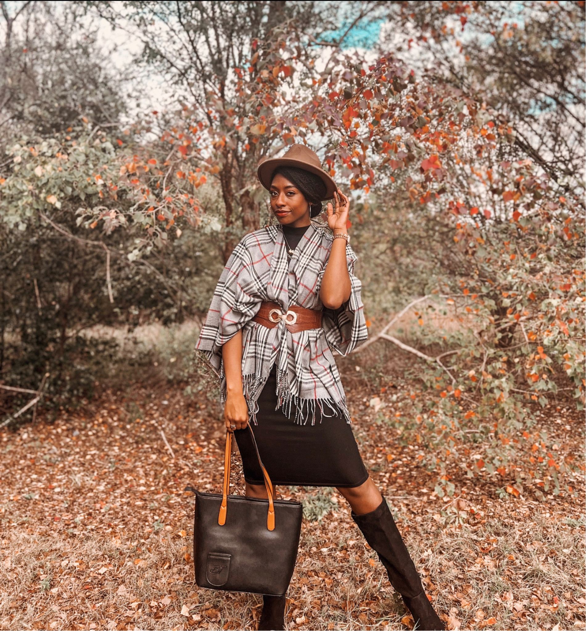 Loving this plaid poncho scarf and the last minute decision to add these brown accessories. 🤎

fedora • fall fashion • fall trends • plaid puncho • puncho outfit • Pinterest inspired fashion • early fall outfits • fall outfit idea • Amazon black dress • Amazon boots • poncho sweater scarf 

#LTKworkwear #LTKHoliday #LTKstyletip