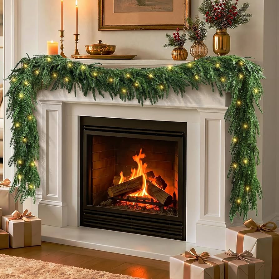 9FT Christmas Norfolk Pine Garland with Lights, Prelit Christmas Garland | Amazon (US)