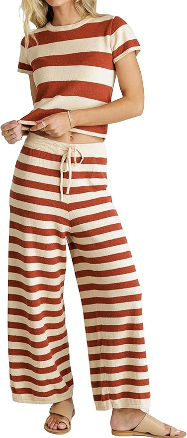 Womens Two Piece Striped Set Short Sleeve Crop Top and Wide Leg Pants Knit Matching Sets | Amazon (US)