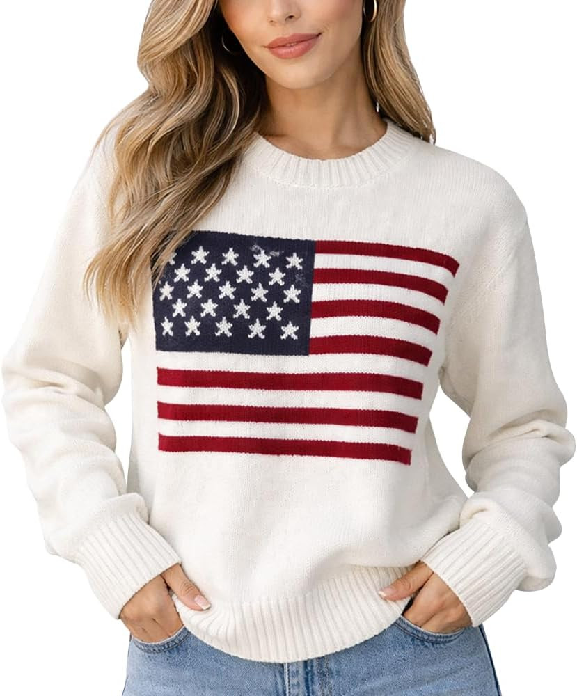 IZI POD Women's American Flag Pattern Long Sleeve Lightweight Round Neck Sweater Casual Loose Pul... | Amazon (US)